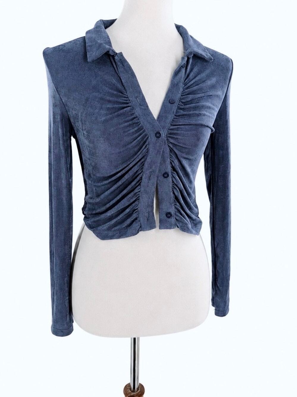 Women’s Blue Ruched Button Front Long Sleeve Collared Crop Top Size S
